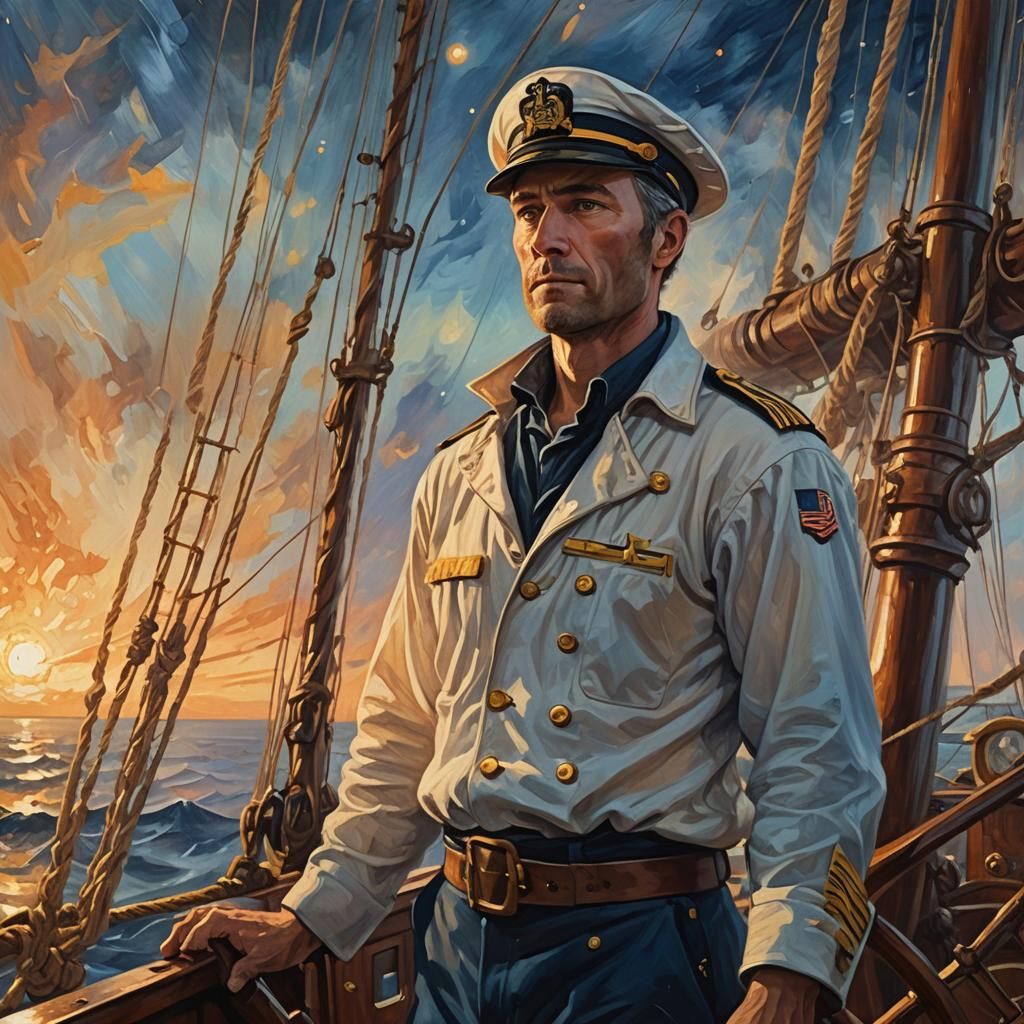 Sailor at the Helm: Expressionist Oil Painting of Golden Daw...