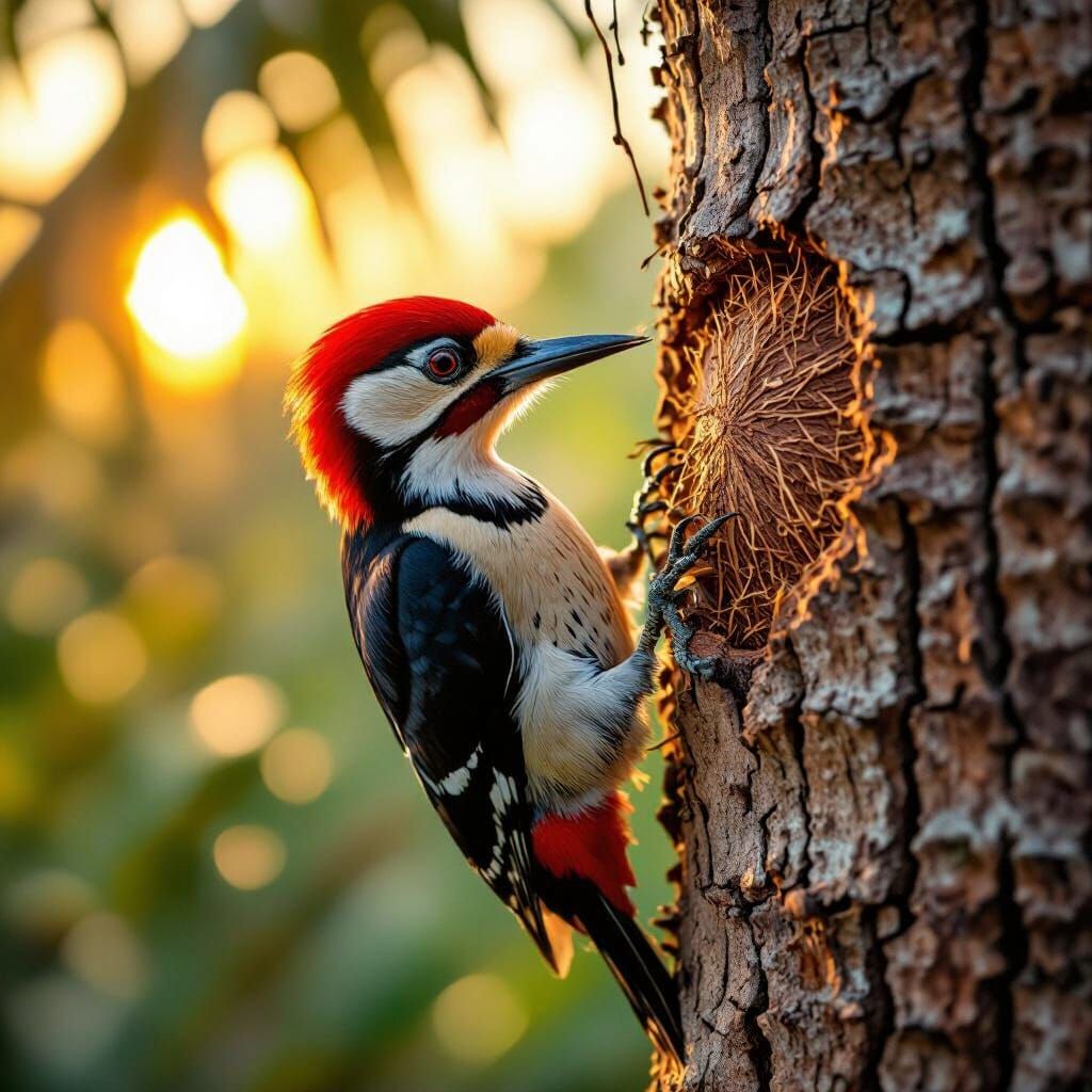 Crimson Woodpecker Pecking Coconut Trunk in Golden Hour Ligh...