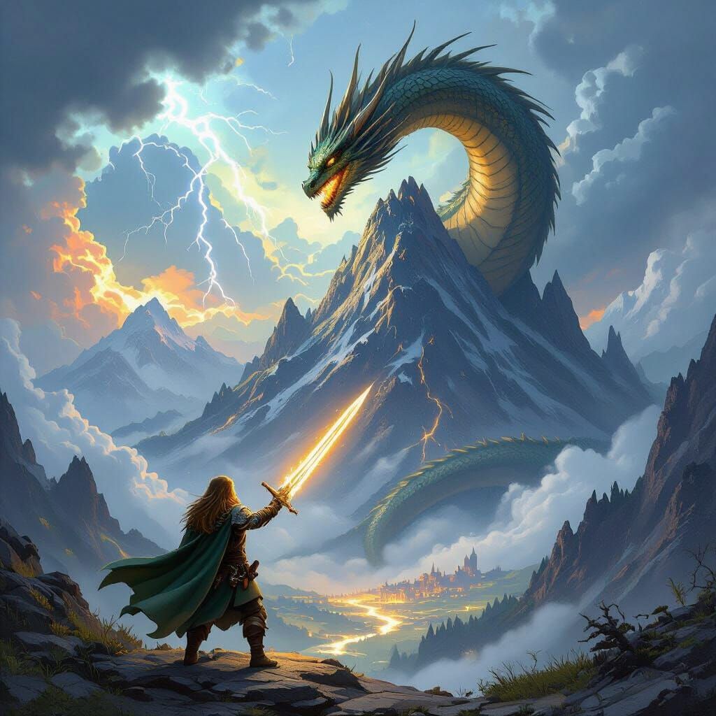 Hobbit Knight Confronts Dragon in Epic Fantasy Landscape