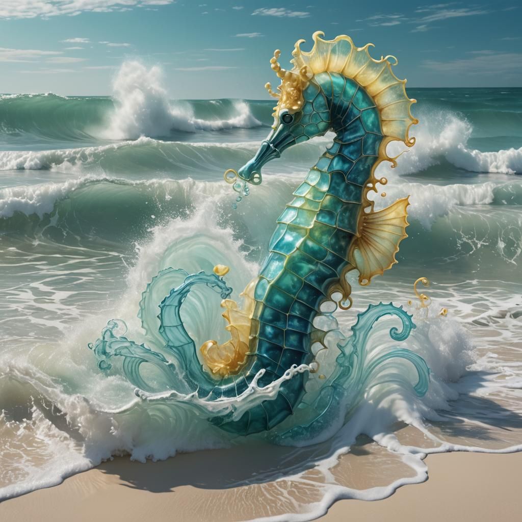 Giant Seahorse Jellyfish Rides a Wave: 3D Render