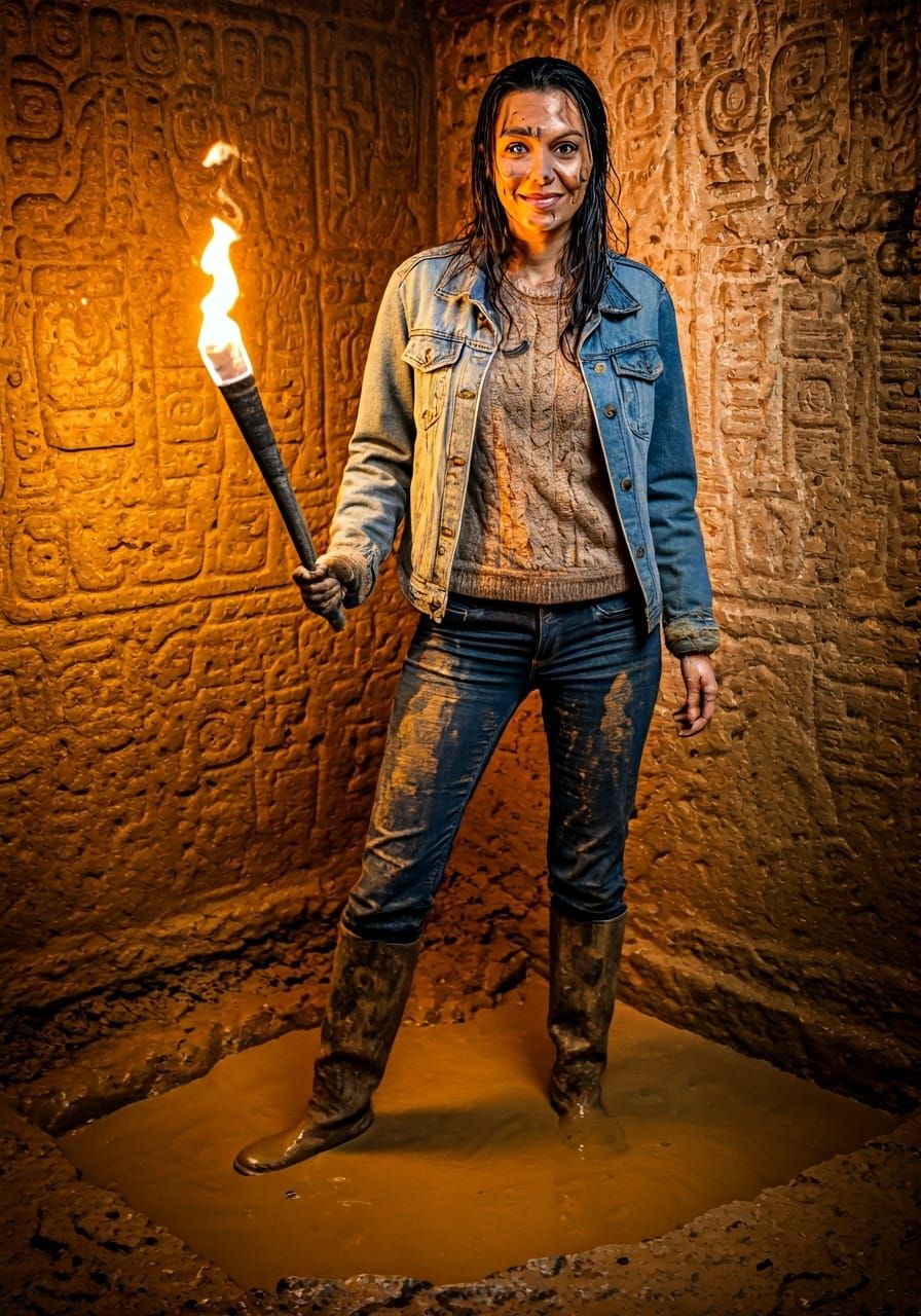 Muddy Explorer Smiles in Ancient Aztec Pyramid