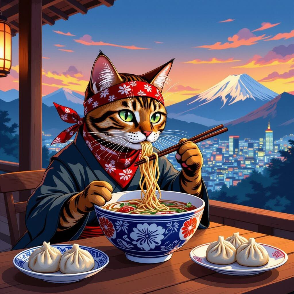 Ninja Cat Eats Ramen in Manga Style