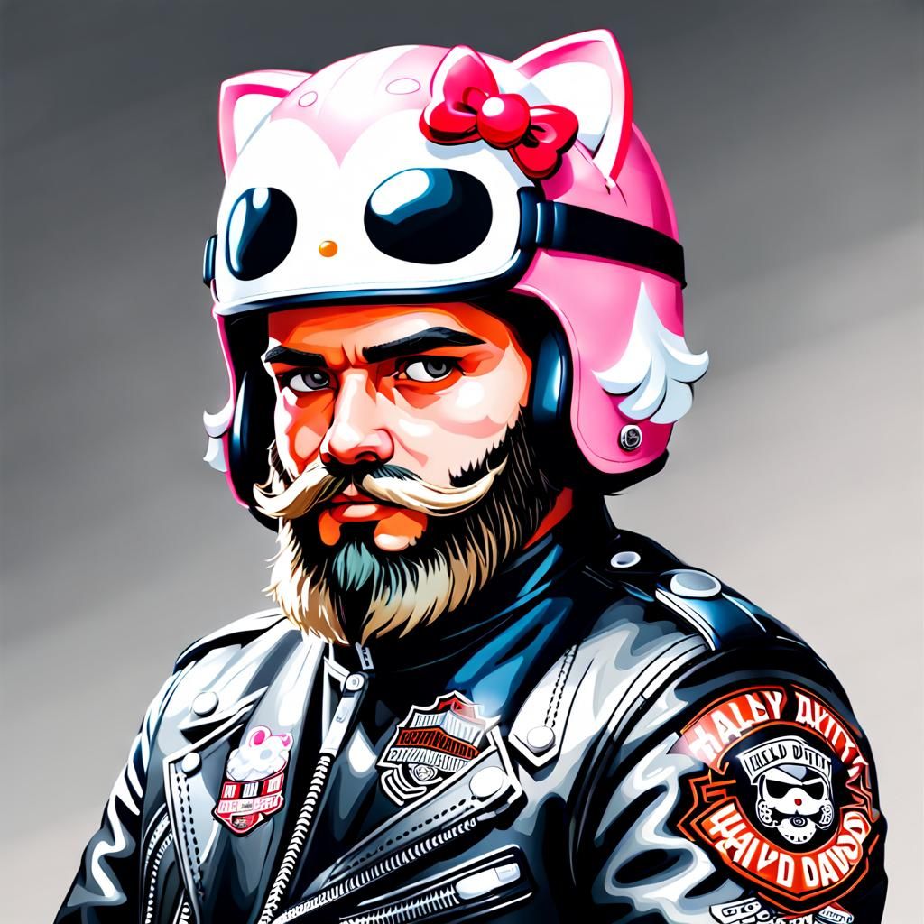 Bearded Biker Portrait with Hello Kitty Helmet