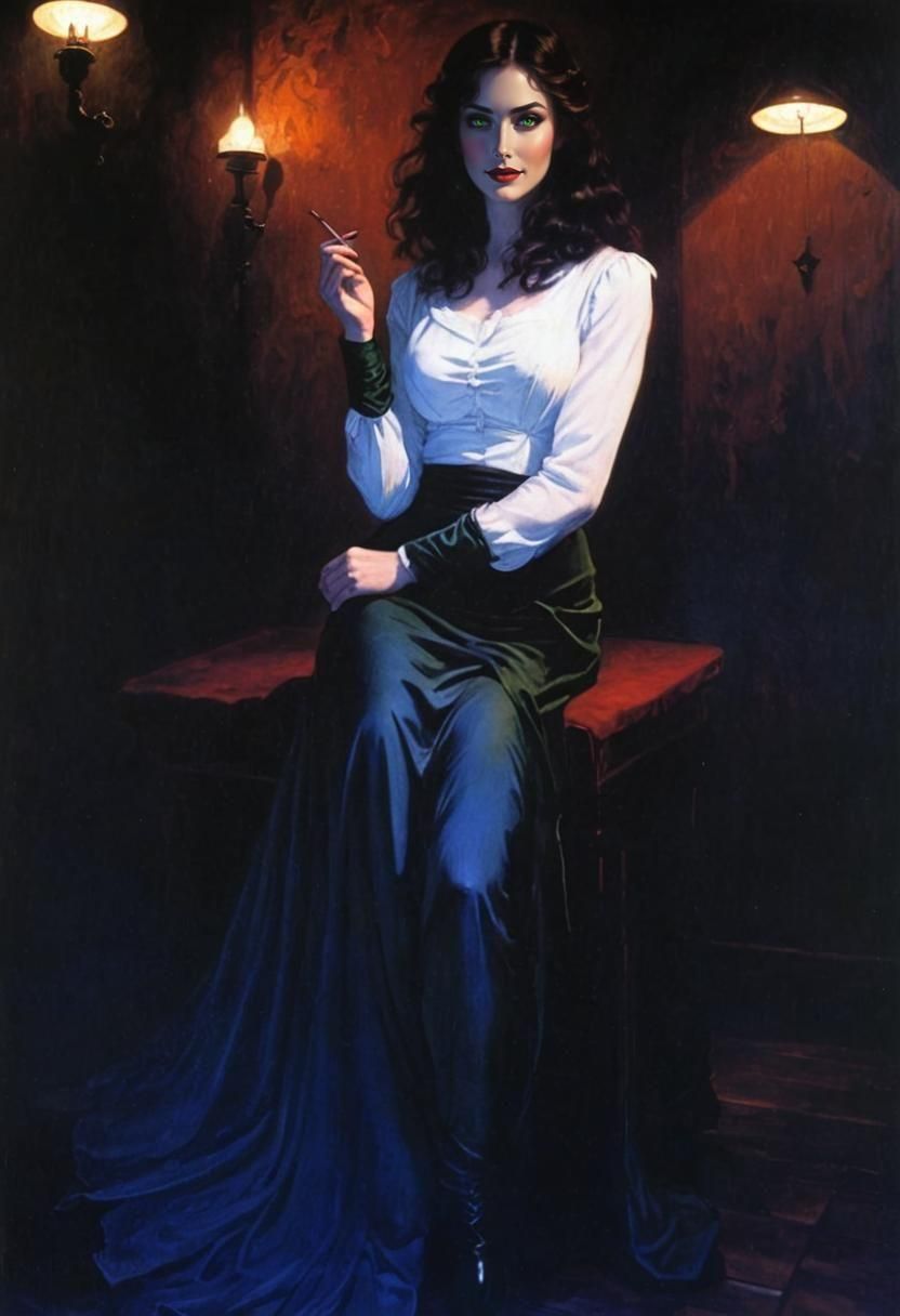 Mysterious Noir Painting of a Green-Eyed Woman