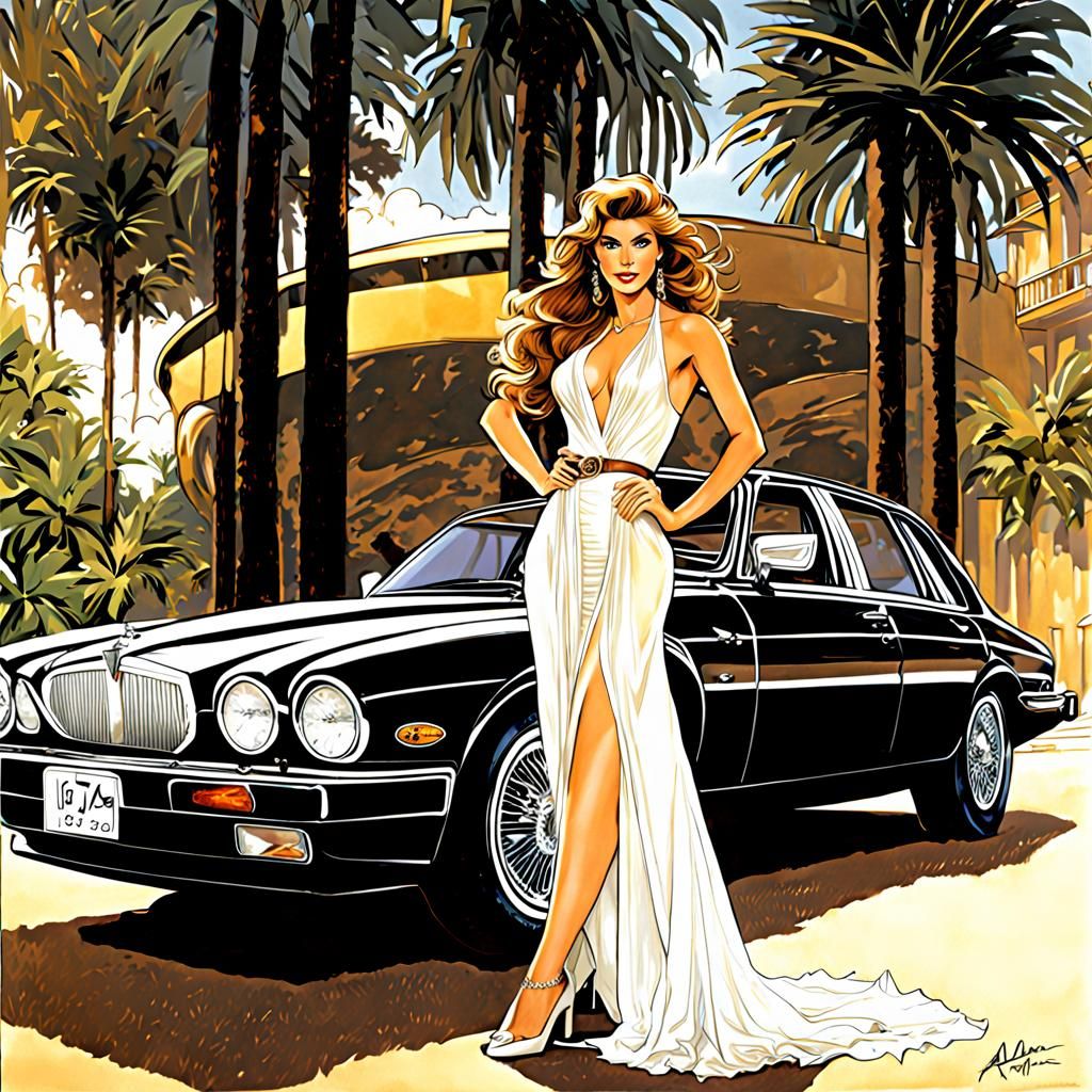 Stunning Woman with Jaguar XJ Car Illustration