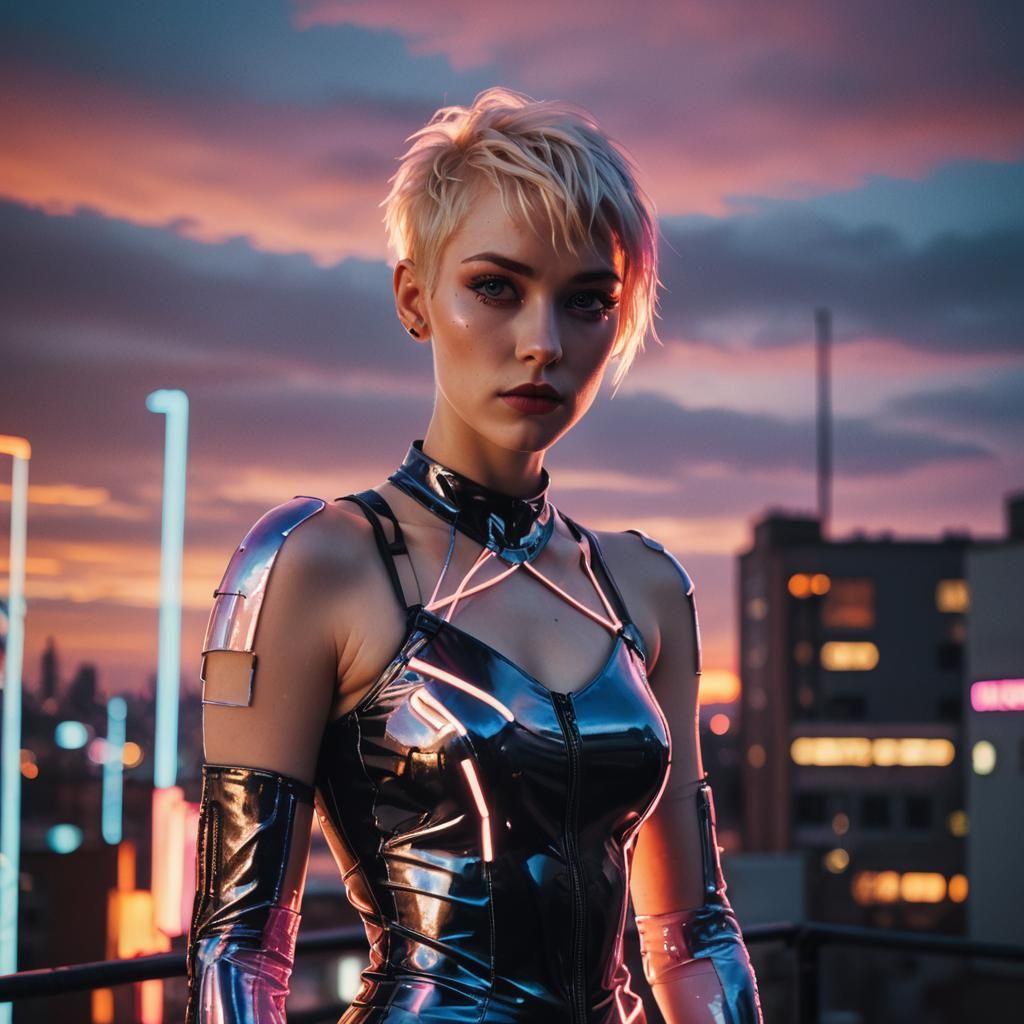Cyberpunk Woman in Cityscape at Dusk