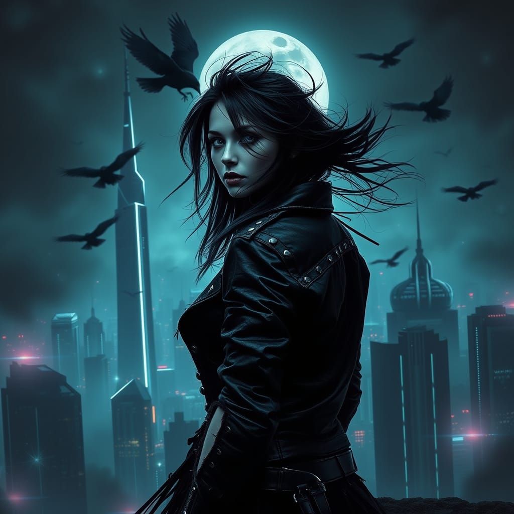 Mystical Woman Stares Out at Futuristic Cityscape in Cyberpu...