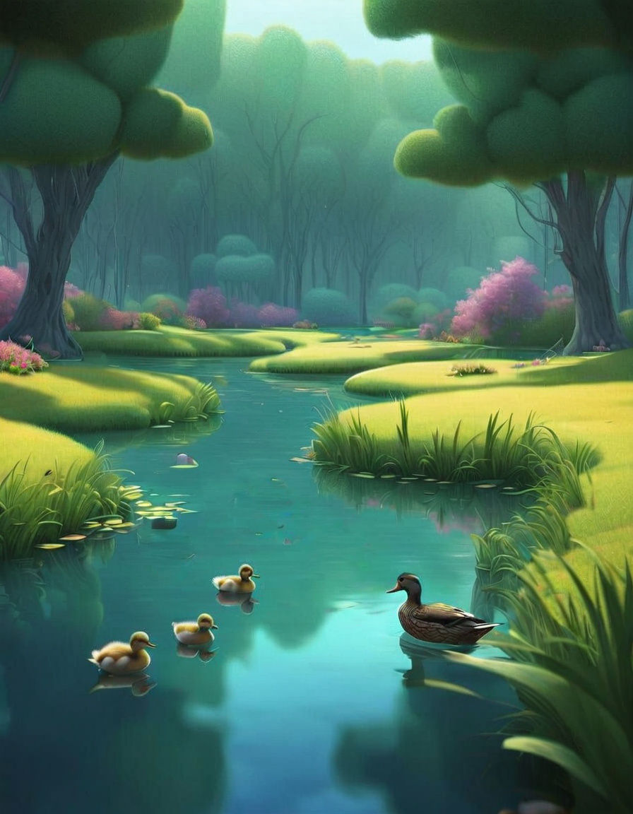 Whimsical Baby Ducks in a Country Landscape, Pixar-Inspired ...