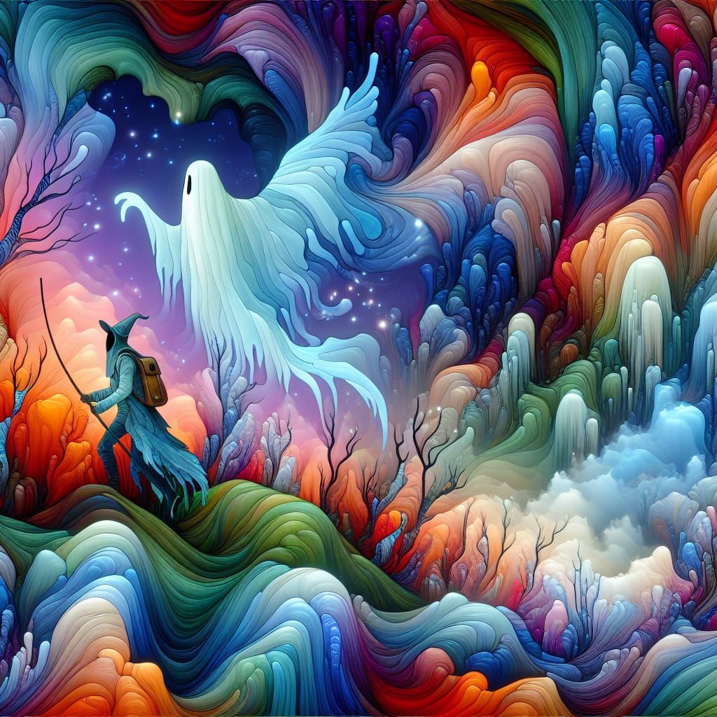 Ghost Hunter in Pursuit: Surreal Watercolor Illustration