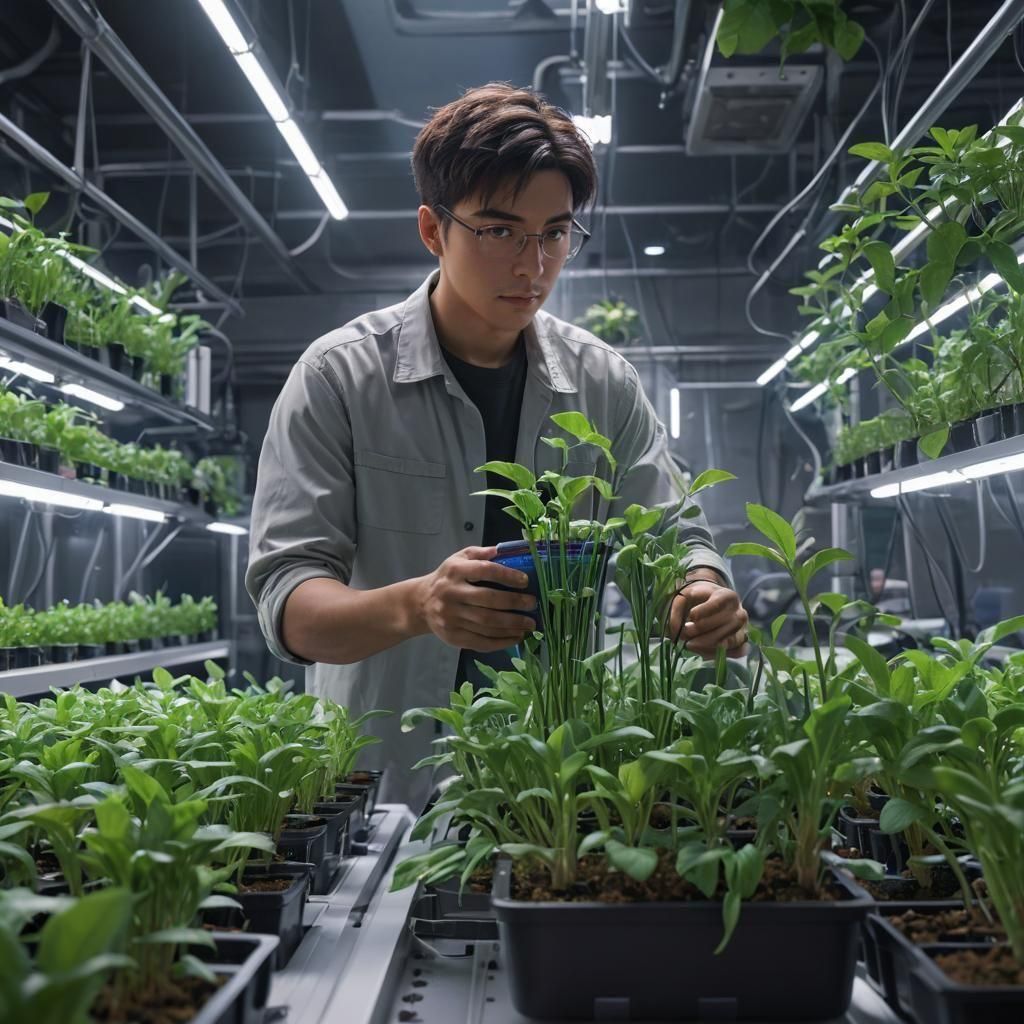 Botanist and Hydroponic Seedlings in 3D Anime Art