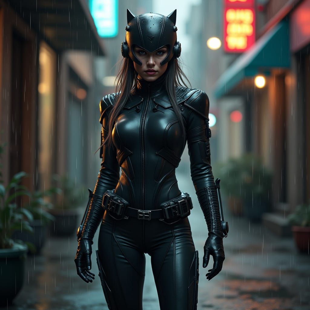 Heroic Mech Punk Warrior in Rainy Urban Alleyway