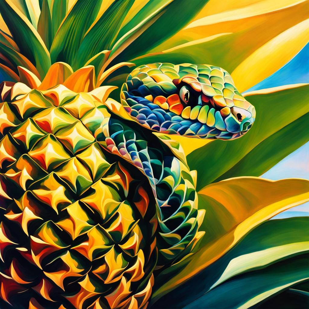 Surreal Snake Coiled in Pineapple, Vibrant Oil Painting