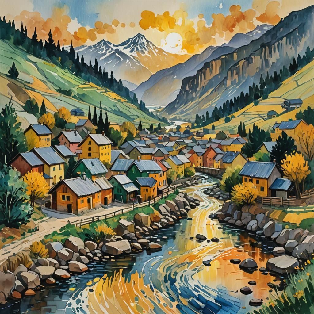 Mountain Village Gouache Watercolor Impasto Painting
