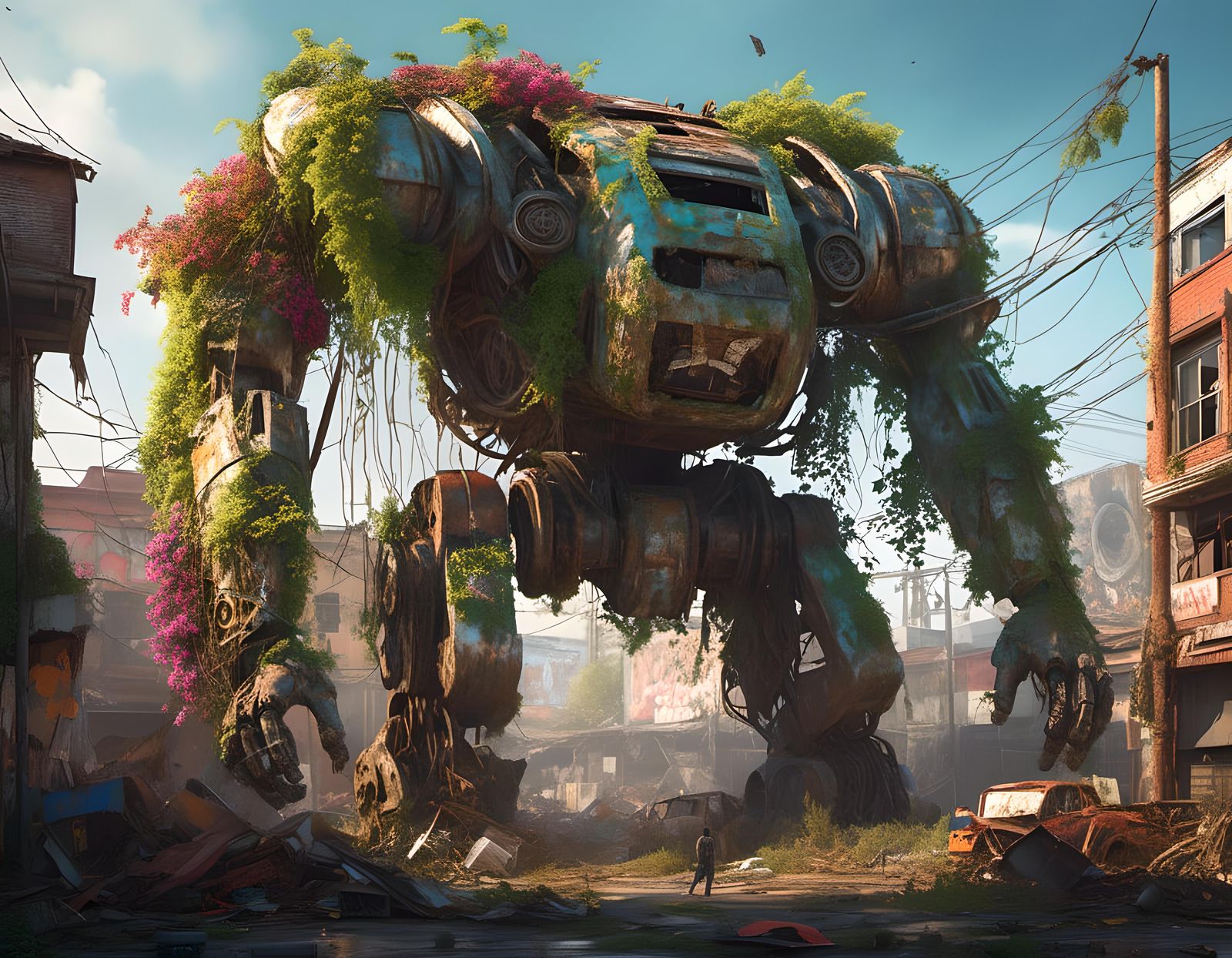 Overgrown Mech in Destroyed City: Hyperrealistic Concept Art
