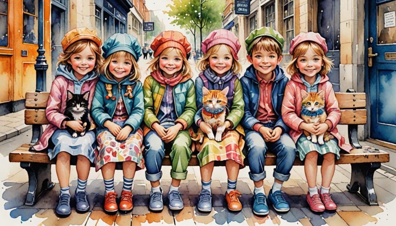 Watercolor Children with Puppies and Kittens