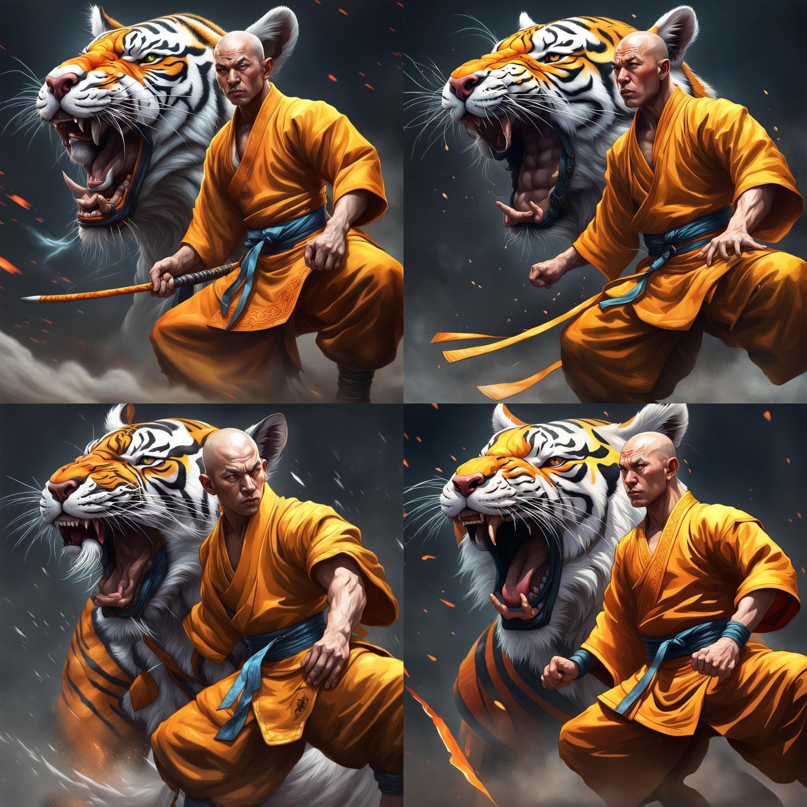 Shaolin Monk vs White Tiger in Hyperrealistic Style