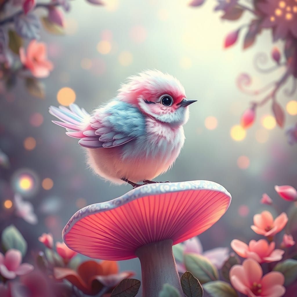 Dreamy Pastel Bird on a Glowing Mushroom