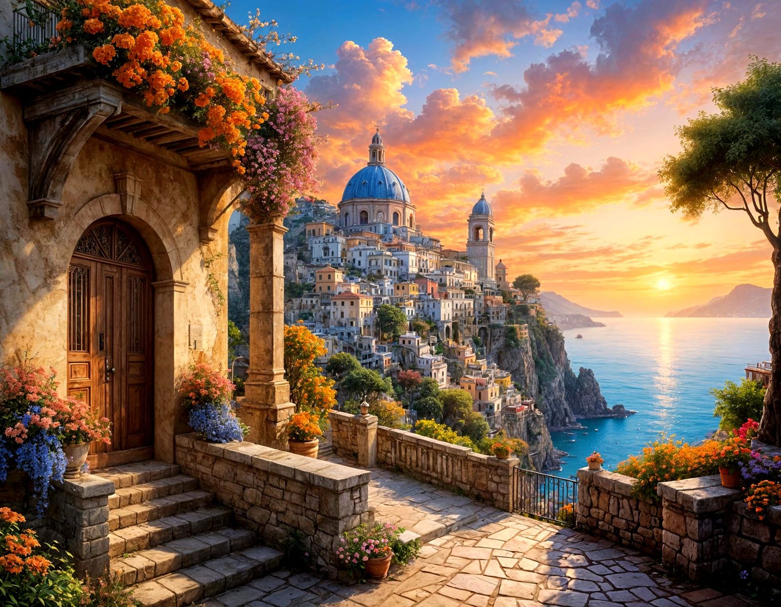 Ethereal Amalfi Town Street Scene at Sunset