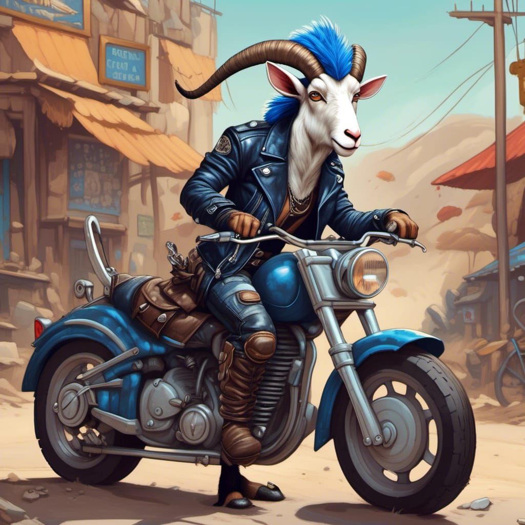 Cartoon Goat Biker on Motorcycle