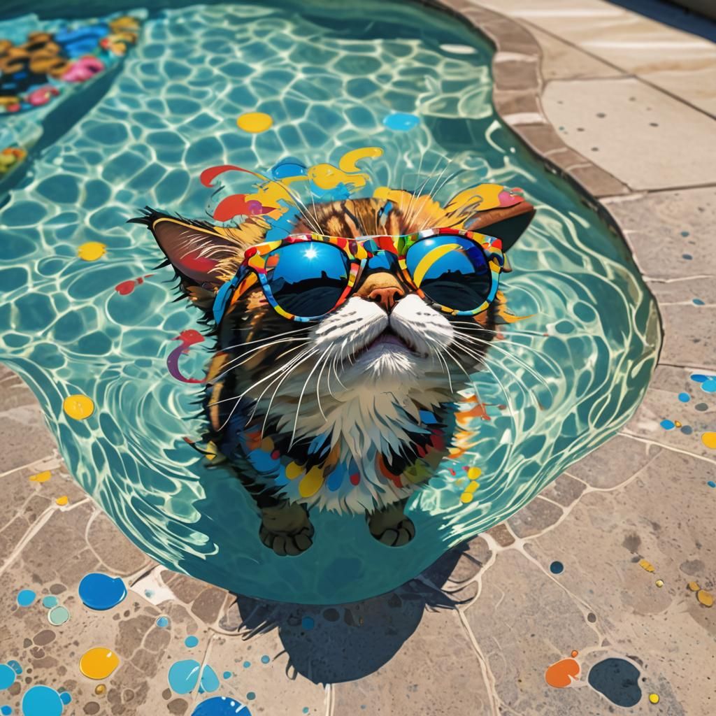 Cat with Sunglasses by Pool: Murakami-Inspired Digital Art