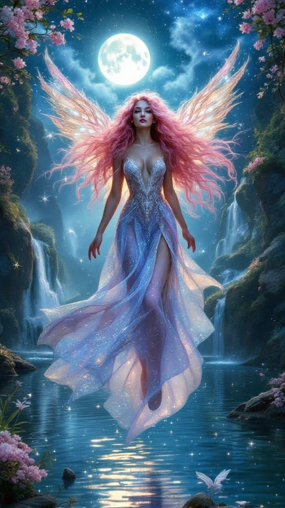 Enchanted Maiden Flies Over Sparkling Lake in Mythical Realm