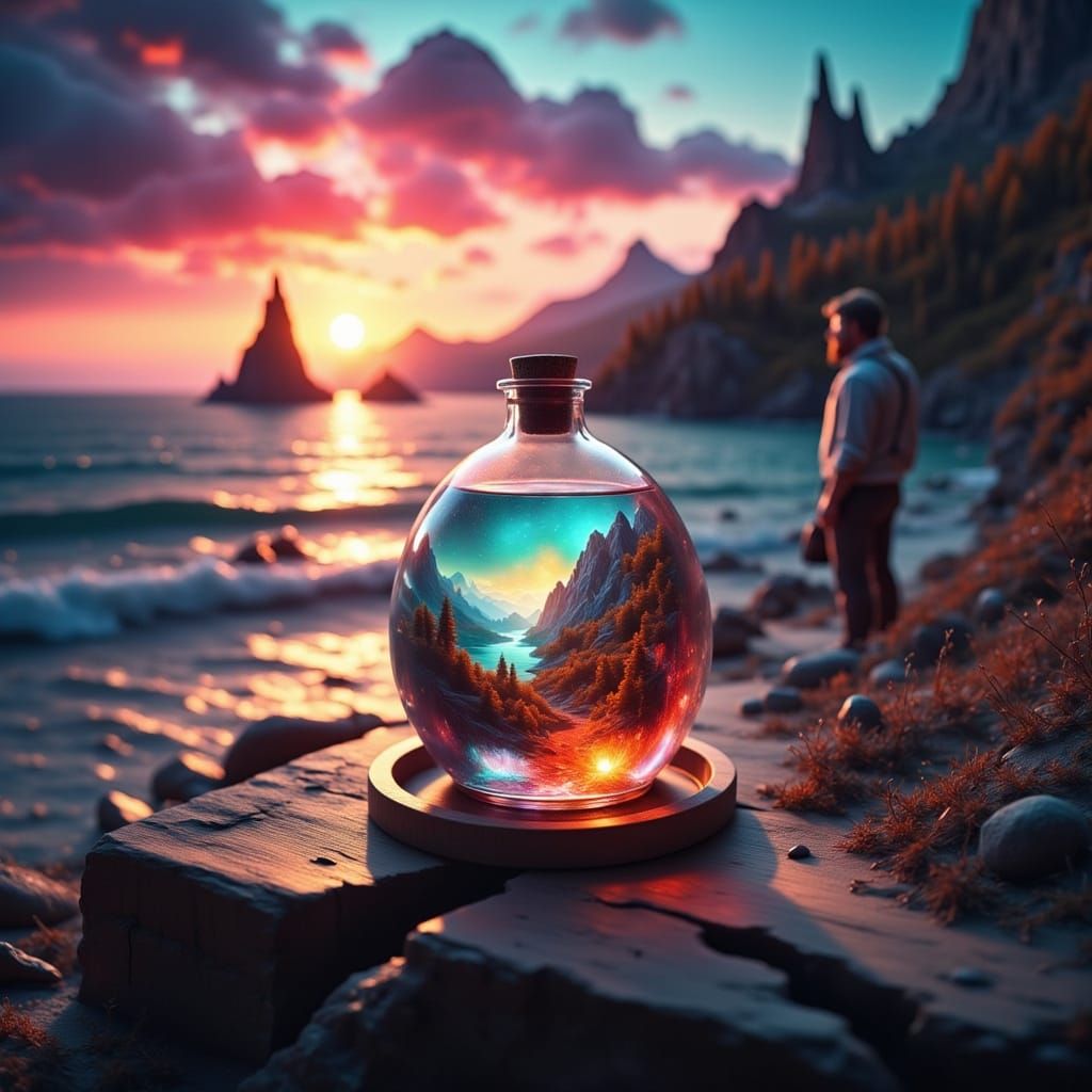 Man Contemplates Sunset on Beach in Dreamy Digital Art Style