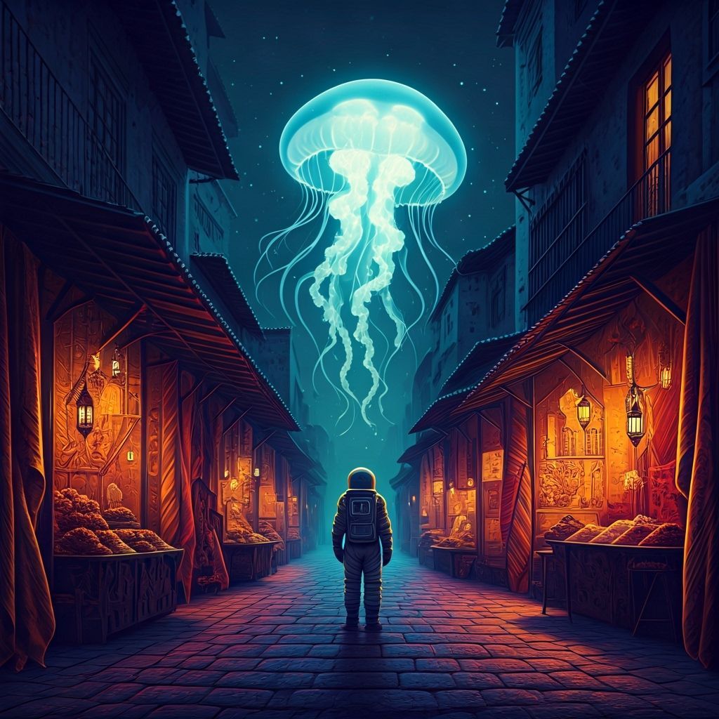 Astronaut and Bioluminescent Jellyfish in Moroccan Market