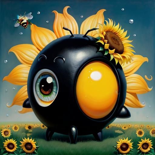 Surreal Botero-Style Figure with Fried Eggs and Sunflower