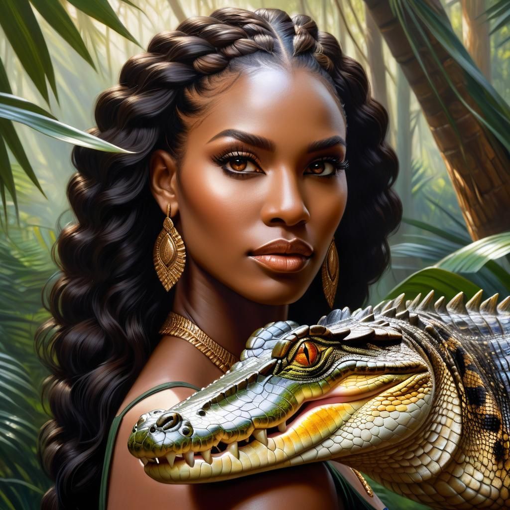 Beautiful Crocodile Woman Portrait in Oil Painting Style