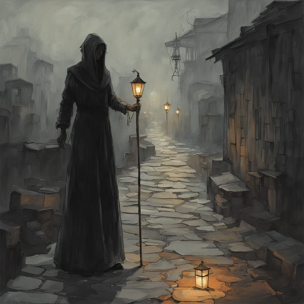 Melancholic Woman Walks Misty Village: Post-Impressionist Wa...