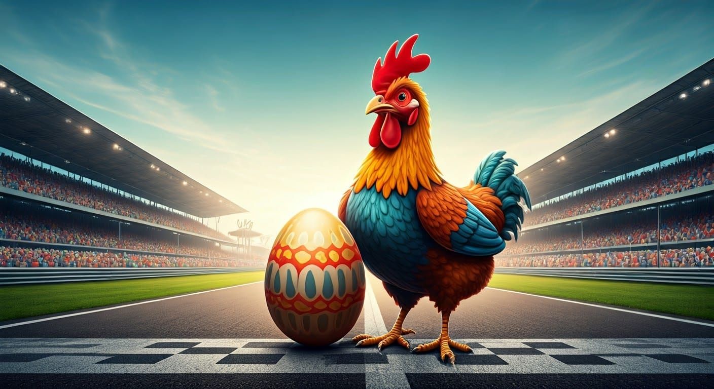 Hen Wins Race with Egg, Cartoon Style