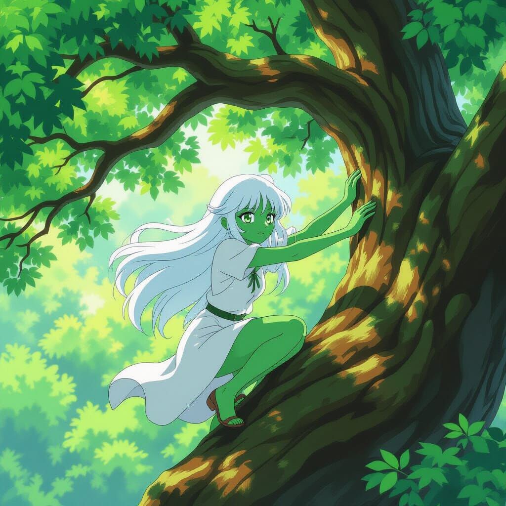 Anime Girl with Emerald Skin Climbs Ancient Oak Tree