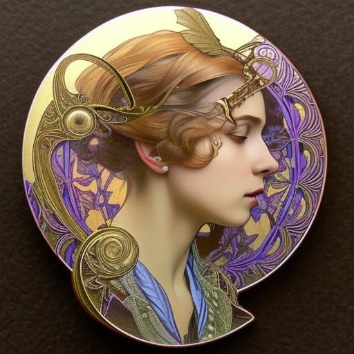 Art Nouveau Woman with Hummingbird and Agastache
