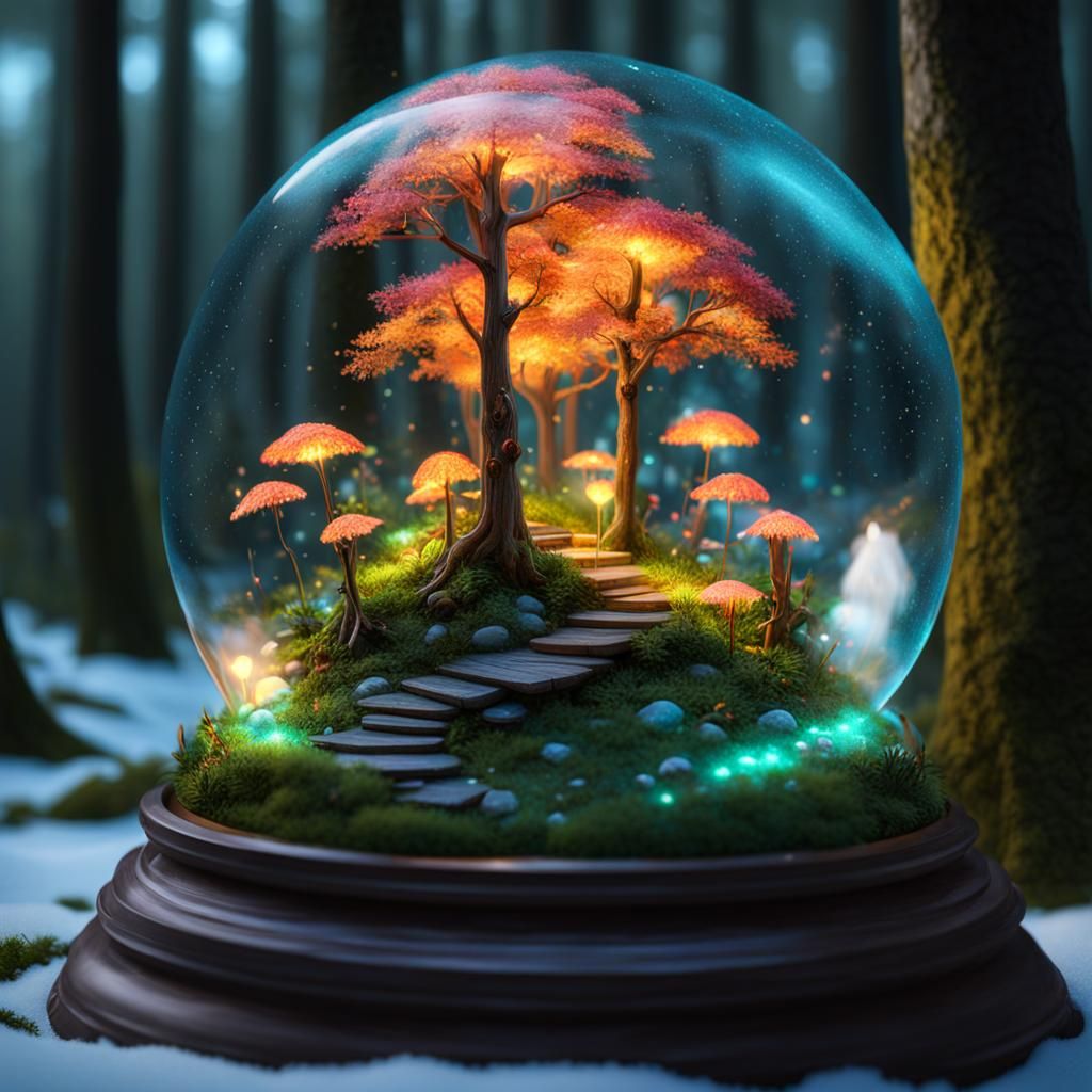 Miniature Forest with Fireflies in Snow Globe