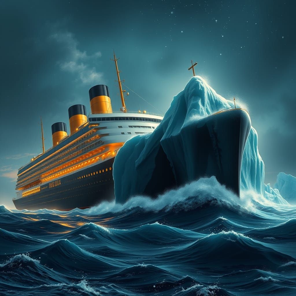 Luxury Ocean Liner Navigates Giant Iceberg in Stormy Seas