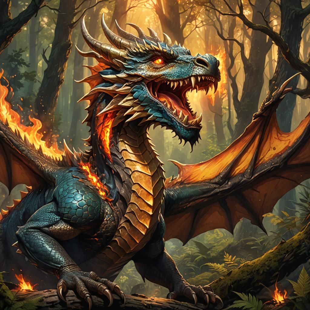 Fantasy Dragon Breathing Fire in Forest Illustration