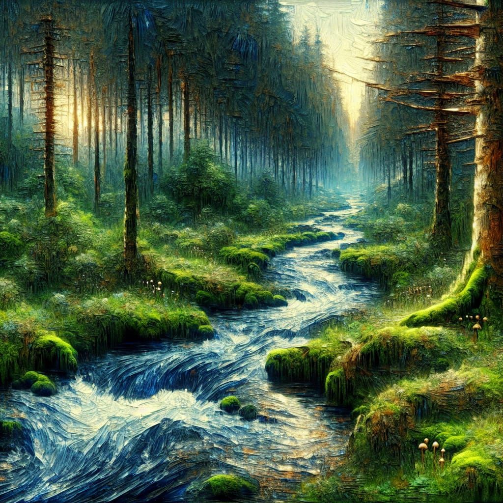 Black Forest Stream at Dawn: Impressionist Painting