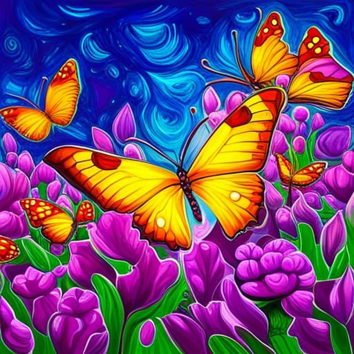 Colorful Butterfly Garden in Graffiti Art Style