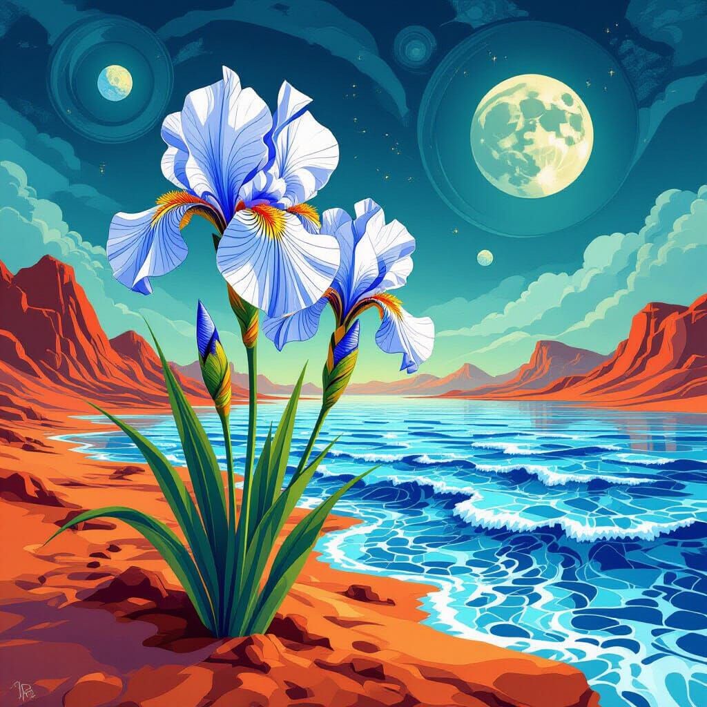 Sapphire Irises Bloom Above Martian Sea in Abstract Style