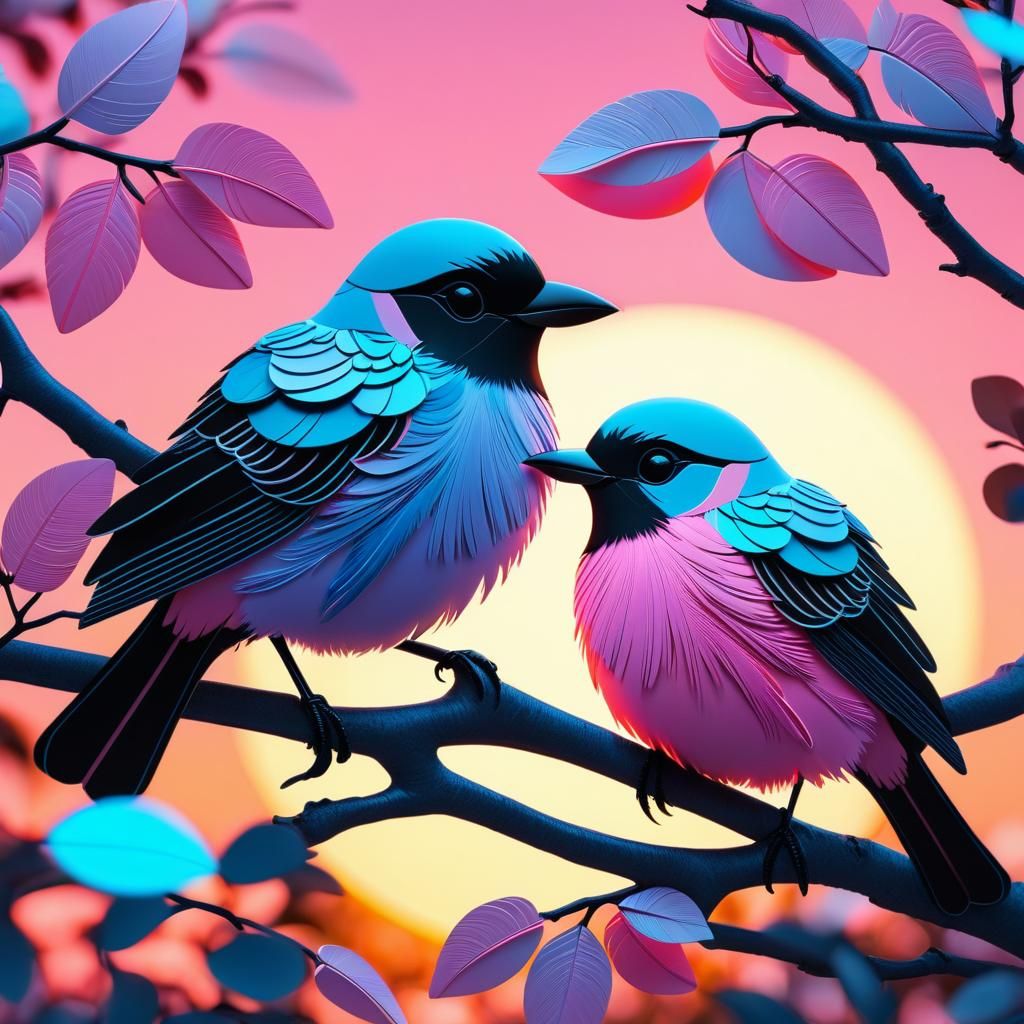 Birds Silhouetted at Sunset in Postmodern Folk Art