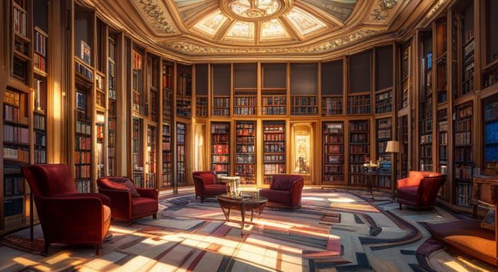Art Deco Library with Stained Glass in Hyperrealism