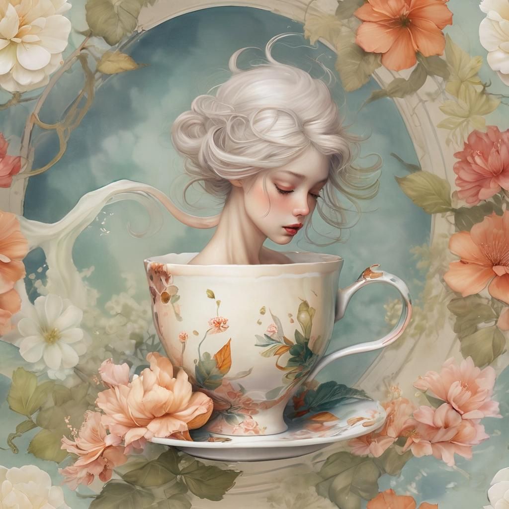 Cherry Blossom Teacup with Striped Snake