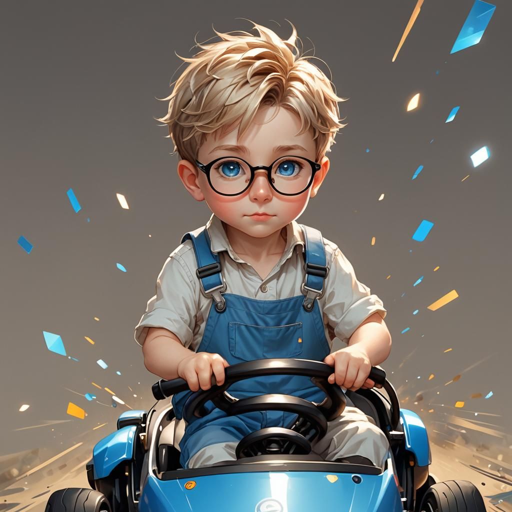 Adorable Chibi anime art, boy wearing bib overalls big sparkling blue eyes,glasses, nerd like boy riding on a 3 wheel go...