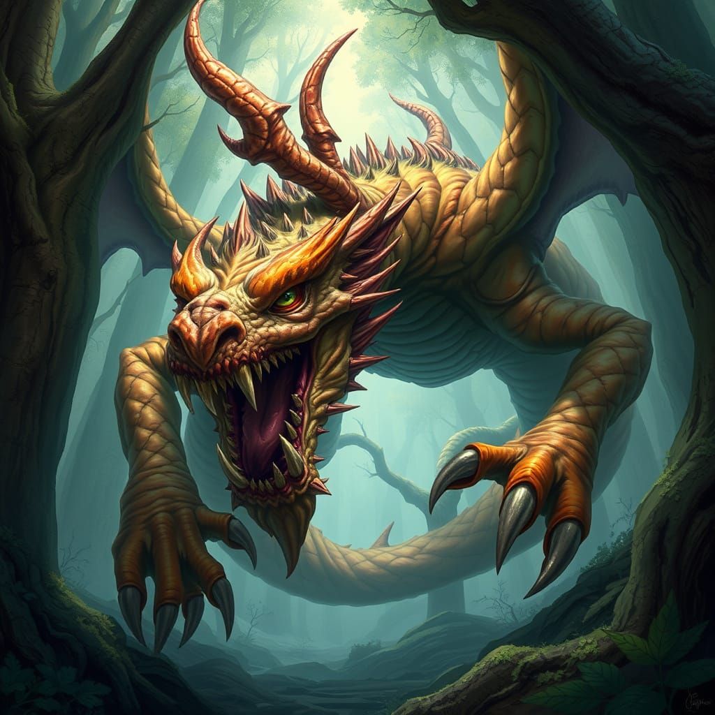Dragon-like Creature in Mystical Forest