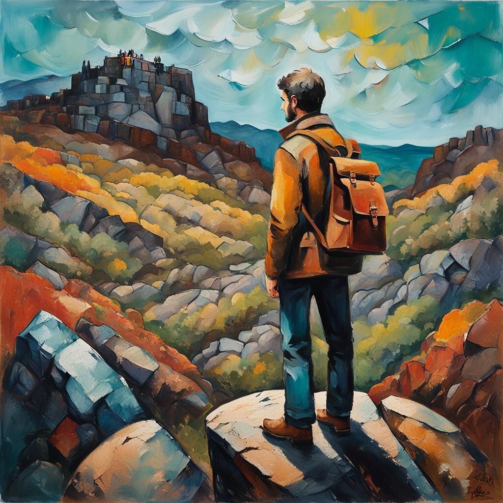 Expressive Geologist in Earthy, Vibrant Landscape