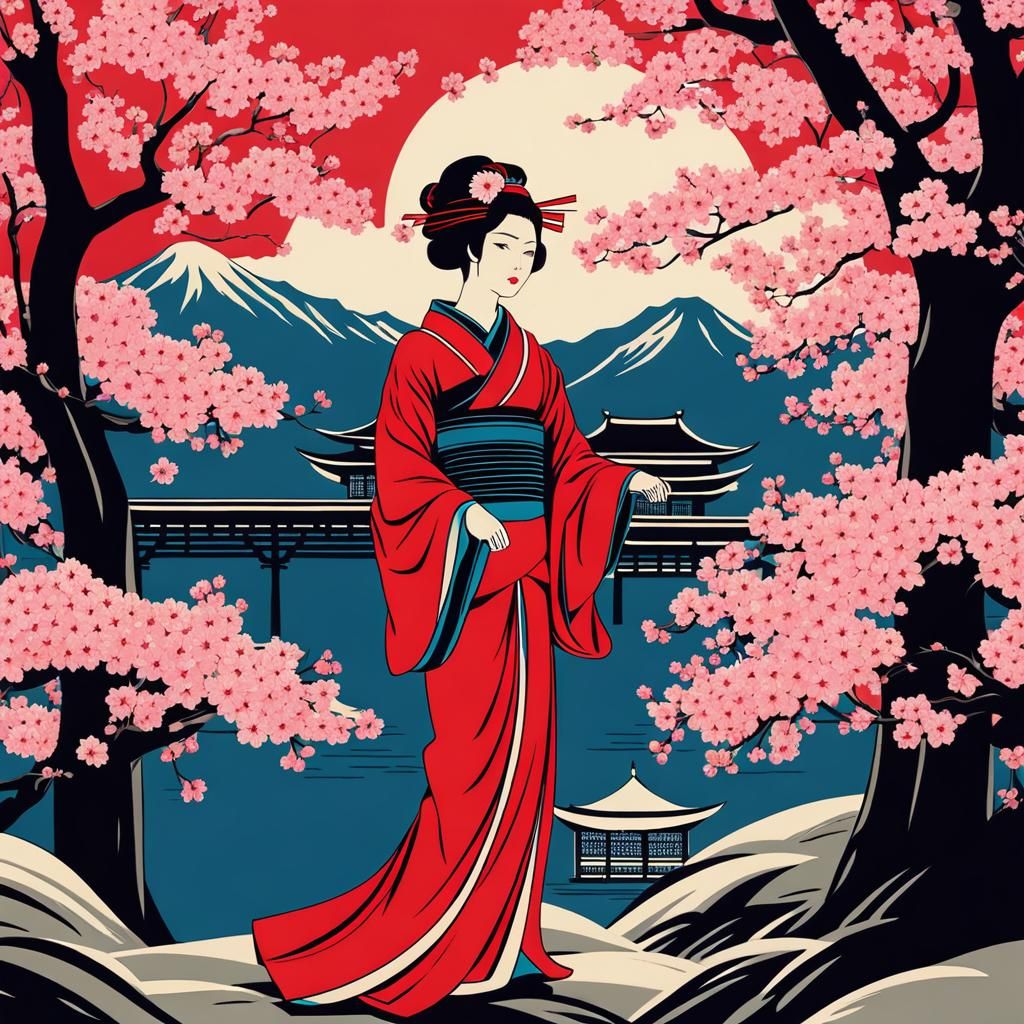 Geisha in Cherry Blossoms: Ukiyo-e Style Woodblock