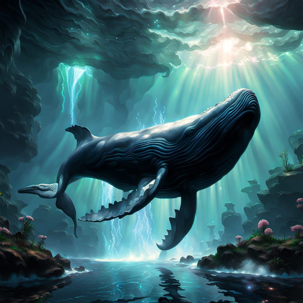 Ethereal Seaweed Orca in Bioluminescent Deep Ocean