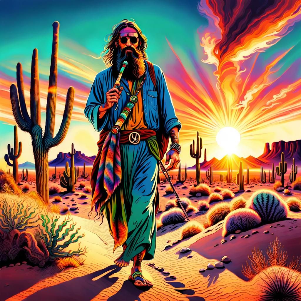 Psychedelic Hippie Walks Desert at Sunset