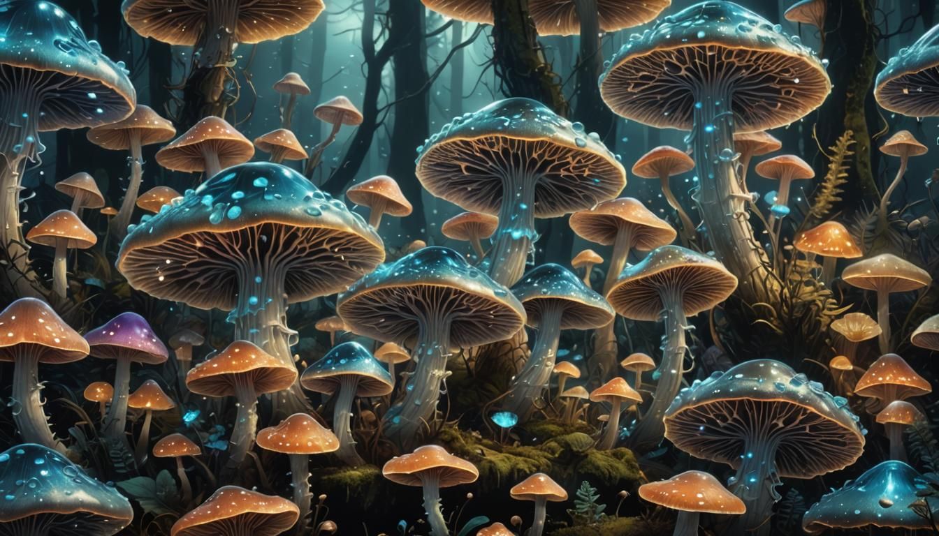Bioluminescent Mushrooms in Sparkling Fantasy Forest: Digita...