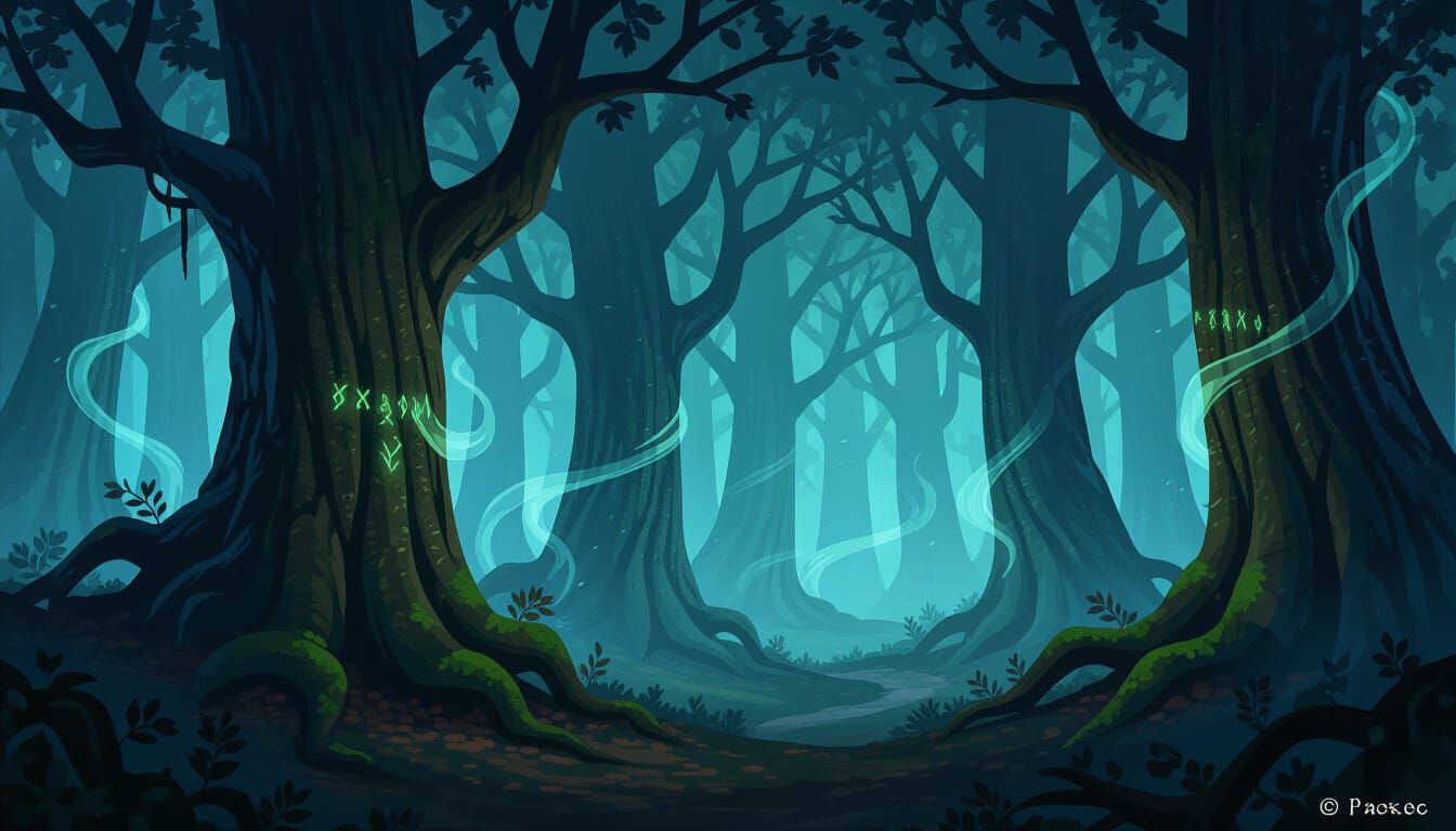 Enchanted Forest Path with Glowing Runes and Wisps